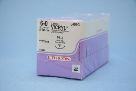 J & J Healthcare Systems Coated Vicryl Suture with Needle Absorbable Coated Undyed Suture Braided Polyglactin 910 Size 6-0 18 Inch Suture 1-Needle 16 mm Length 3/8 Circle Reverse Cutting Needle - J499G
