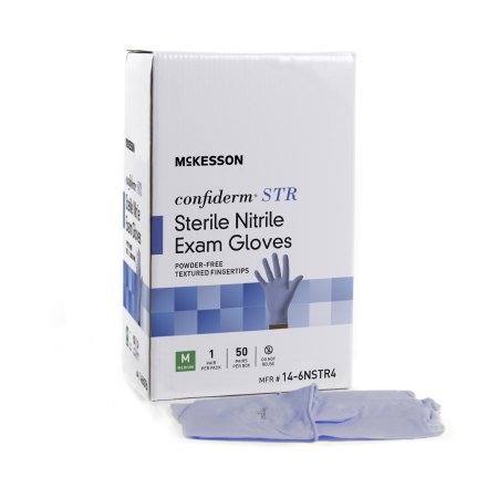 McKesson Confiderm STR - Exam Glove Medium Sterile Pair Nitrile Standard Cuff Length Textured Fingertips Blue Not Chemo Approved - 14-6NSTR4