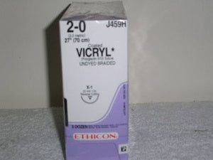 J & J Healthcare Systems Coated Vicryl Suture with Needle Absorbable Coated Undyed Suture Braided Polyglactin 910 Size 2-0 27 Inch Suture 1-Needle 22 mm Length 1/2 Circle Reverse Cutting Needle - J459H