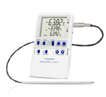 Traceable Memory-Loc - Digital Ultra-Low Freezer Thermometer Fahrenheit / Celsius -130° to +221°F (-90° to +105°C) Stainless Steel Probe Multiple Mounting Options Battery Operated - 98768-55