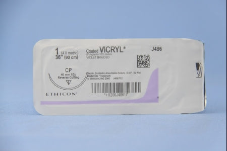 J & J Healthcare Systems Coated Vicryl Suture with Needle Absorbable Coated Violet Suture Braided Polyglactin 910 Size 1 36 Inch Suture 1-Needle 40 mm Length 1/2 Circle Reverse Cutting Needle - J486H