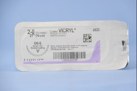 Coated Vicryl - Suture with Needle Absorbable Coated Undyed Suture Braided Polyglactin 910 Size 2 - 0 27 Inch Suture 1-Needle 36.4 mm Length 1/2 Circle Reverse Cutting Needle - J533H