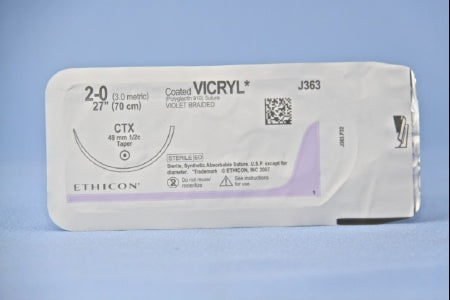 J & J Healthcare Systems Coated Vicryl Suture with Needle Absorbable Coated Violet Suture Braided Polyglactin 910 Size 2-0 27 Inch Suture 1-Needle 48 mm Length 1/2 Circle Taper Point Needle - J363H
