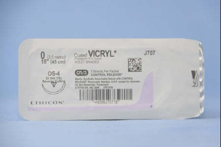 J & J Healthcare Systems Coated Vicryl Suture with Needle Absorbable Coated Violet Suture Braided Polyglactin 910 Size 0 18 Inch Suture 1-Needle 22 mm Length 1/2 Circle Reverse Cutting Needle - J707T