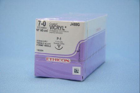 J & J Healthcare Systems Coated Vicryl Suture with Needle Absorbable Coated Undyed Suture Braided Polyglactin 910 Size 7-0 18 Inch Suture 1-Needle 11 mm Length 3/8 Circle Reverse Cutting Needle - J488G