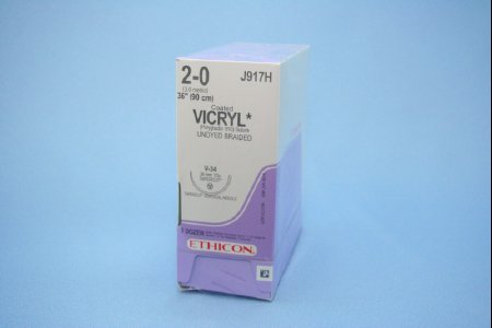 J & J Healthcare Systems Coated Vicryl Suture with Needle Absorbable Coated Undyed Suture Braided Polyglactin 910 Size 2-0 36 Inch Suture 1-Needle 36.4 mm Length 1/2 Circle Taper Point Cutting Needle - J917H