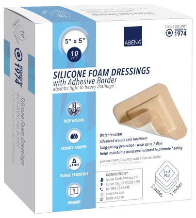 Abena North America Abena Silicone Foam Dressing 5 X 5 Inch Square Silicone Adhesive with Border Sterile - 1974