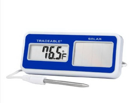 Traceable - Solar Powered Thermometer Fahrenheit / Celsius -58° to +140°F (-50° to +60°C) Stainless Steel Probe Solar Power / Battery Backup - 94460-75