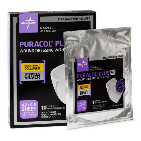 Puracol Plus AG+ - Silver Collagen Dressing 4-1/4 X 4-1/2 Inch Square Sterile - Medline - MSC8744EP