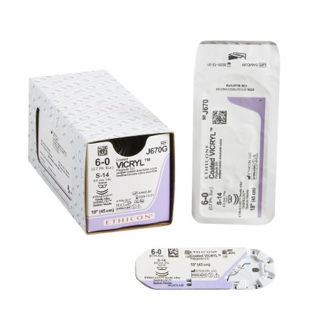 Coated Vicryl - Suture with Needle Absorbable Coated Undyed Suture Braided Polyglactin 910 Size 6 - 0 18 Inch Suture Double-Armed 8 mm Length 1/4 Circle Spatula Needle - J670G