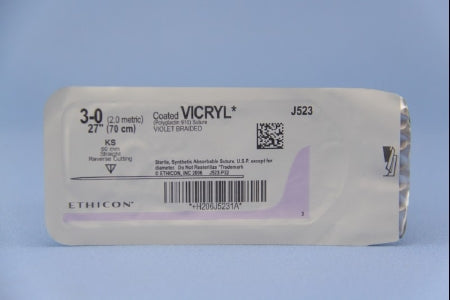 J & J Healthcare Systems Coated Vicryl Suture with Needle Absorbable Coated Violet Suture Braided Polyglactin 910 Size 3-0 27 Inch Suture 1-Needle 60 mm Length Straight Conventional Cutting Needle - J523H