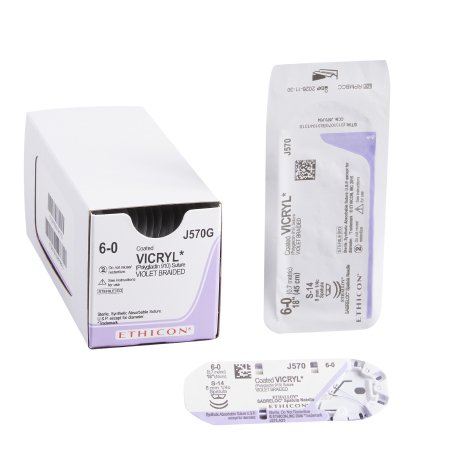 Coated Vicryl - Suture with Needle Absorbable Coated Violet Suture Braided Polyglactin 910 Size 6 - 0 18 Inch Suture Double-Armed 8 mm Length 1/4 Circle Spatula Needle - J570G