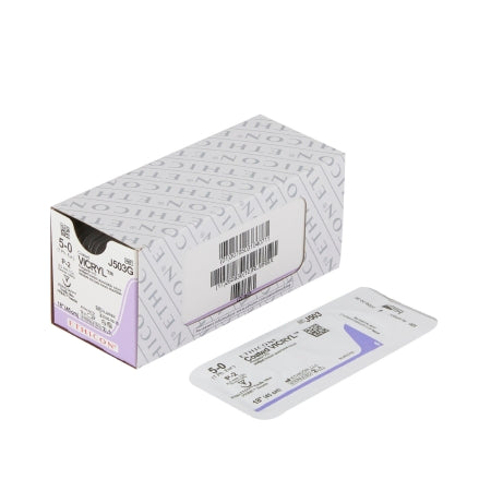 Coated Vicryl - Suture with Needle Absorbable Coated Undyed Suture Braided Polyglactin 910 Size 5 - 0 18 Inch Suture 1-Needle 8 mm Length 1/2 Circle Reverse Cutting Needle - J503G