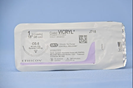 J & J Healthcare Systems Coated Vicryl Suture with Needle Absorbable Coated Violet Suture Braided Polyglactin 910 Size 1 18 Inch Suture 1-Needle 40 mm Length 1/2 Circle Reverse Cutting Needle - J718T