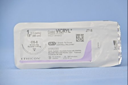 Coated Vicryl - Suture with Needle Absorbable Coated Violet Suture Braided Polyglactin 910 Size 1 18 Inch Suture 1-Needle 40 mm Length 1/2 Circle Reverse Cutting Needle - J718T