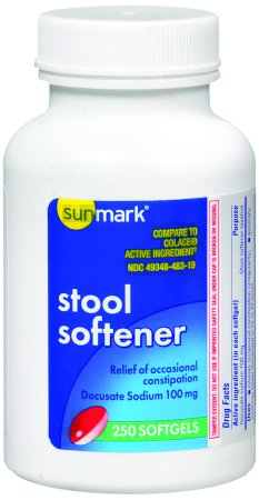 McKesson sunmark Stool Softener Unflavored Softgel 250 per Bottle 100 mg Strength Docusate Sodium - 70677003402