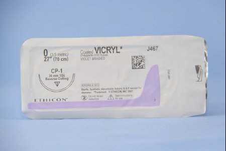Coated Vicryl - Suture with Needle Absorbable Coated Violet Suture Braided Polyglactin 910 Size 0 27 Inch Suture 1-Needle 36 mm Length 1/2 Circle Reverse Cutting Needle - J467H