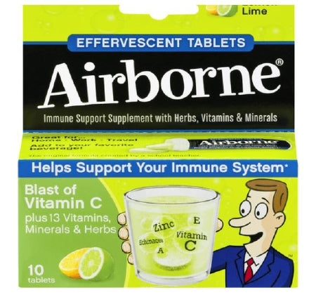 Reckitt Benckiser Airborne Immune Support Multivitamin Supplement Vitamin A / Ascorbic Acid 1000 mg Strength Tablet 10 per Box Lemon Lime Flavor - 64786510004