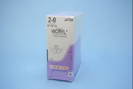 J & J Healthcare Systems Coated Vicryl Suture with Needle Absorbable Coated Violet Suture Braided Polyglactin 910 Size 2-0 36 Inch Suture 1-Needle 36 mm Length 1/2 Circle Reverse Cutting Needle - J472H