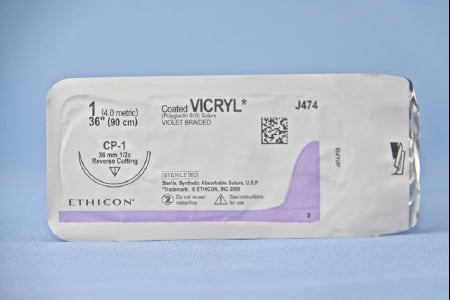 J & J Healthcare Systems Coated Vicryl Suture with Needle Absorbable Coated Violet Suture Braided Polyglactin 910 Size 1 36 Inch Suture 1-Needle 36 mm Length 1/2 Circle Reverse Cutting Needle - J474H