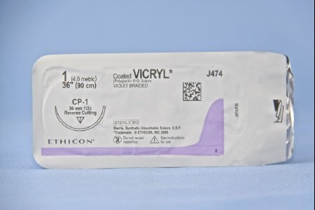 Coated Vicryl - Suture with Needle Absorbable Coated Violet Suture Braided Polyglactin 910 Size 1 36 Inch Suture 1-Needle 36 mm Length 1/2 Circle Reverse Cutting Needle - J474H