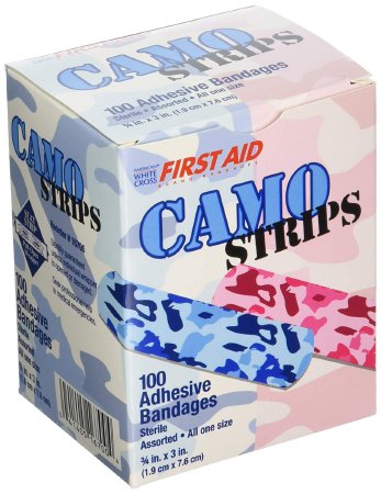 American White Cross Stat Strip - Adhesive Strip 3/4 X 3 Inch Plastic Rectangle Kid Design (Blue / Pink Camo) Sterile - 16700