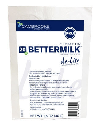 Cambrooke Therapeutics Glytactin BetterMilk Lite PKU Oral Supplement Milk Flavor 1.6 oz. Individual Packet Powder - 35101