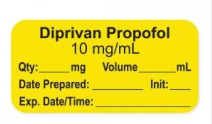 PDC - Drug Label Anesthesia Label Diprivan Propfol 10 mg/mL Yellow 3/4 X 1-1/2 Inch - LAN-2-155