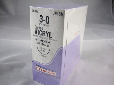 Coated Vicryl - Suture with Needle Absorbable Coated Undyed Suture Braided Polyglactin 910 Size 3 - 0 36 Inch Suture 1-Needle 36.4 mm Length 1/2 Circle Taper Point Cutting Needle - J916H