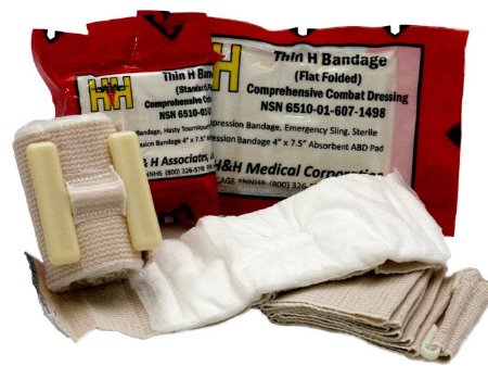 H & H Medical Thin H Trauma Pressure Dressing 4 Inch X 2 Yard Standard Compression Hook and Loop Closure White / Tan Sterile - HBT01