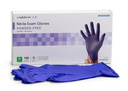 McKesson McKesson Confiderm 3.0 Exam Glove Medium NonSterile Nitrile Standard Cuff Length Textured Fingertips Blue Not Chemo Approved - 14-6N34