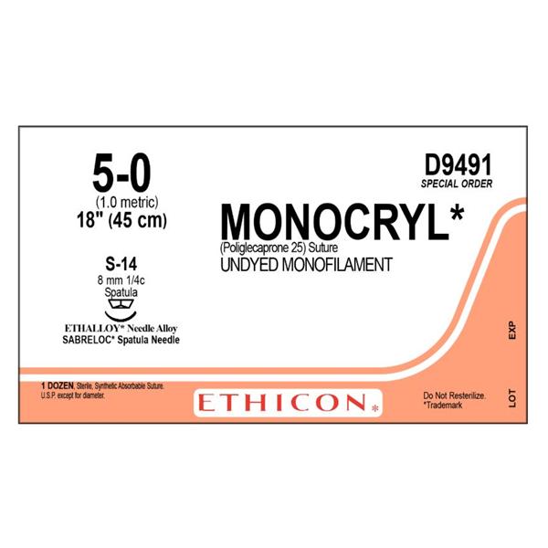 Ethicon Inc,a J & J Company Suture 5-0 Poliglecaprone 25 S-14 Monocryl Undyed 1X18" Monofilament 12/Bx - D9491