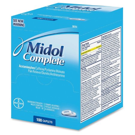 RJ General Midol Complete Cramp Relief 500 mg - 60 mg - 15 mg Strength Acetaminophen / Caffeine / Pyrilamine Maleate Caplet 100 per Box - 29732