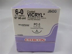 Coated Vicryl - Suture with Needle Absorbable Coated Undyed Suture Braided Polyglactin 910 Size 6 - 0 18 Inch Suture 1-Needle 16 mm Length 3/8 Circle Conventional Cutting Needle - J843G