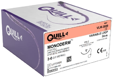 Quill Variable Loop Device, Monoderm - Suture with Needle Absorbable Uncoated Undyed Suture Barbed Monofilament Polyglycolic Acid / PCL Size 3 - 0 30 cm Suture 1-Needle 19 mm Length 3/8 Circle Reverse Cutting Needle - VLM-3008
