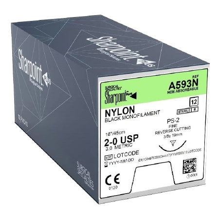 Surgical Specialties - Suture with Needle Nonabsorbable Uncoated Black Suture Monofilament Nylon Size 2 - 0 18 Inch Suture 1-Needle 19 mm Length 3/8 Circle Reverse Cutting Needle - A593N