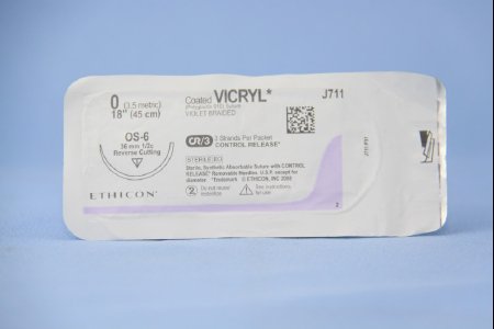 Coated Vicryl - Suture with Needle Absorbable Coated Violet Suture Braided Polyglactin 910 Size 0 18 Inch Suture 1-Needle 36.4 mm Length 1/2 Circle Reverse Cutting Needle - J711T