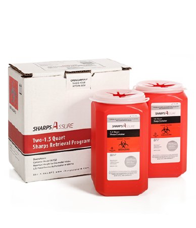 Sharps Assure - Mailback Sharps Container 3-3/4 L X 3-3/4 W X 7 H Inch 1.5 Quart Red Base / Translucent White Lid Vertical Entry - SA1Q2