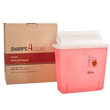 Sharps Assure - Mailback Sharps Container 12-1/4 L X 4-3/4 W X 10-1/2 H Inch 5.4 Quart Translucent Red Base / Translucent White Lid Horizontal Entry - SA5QU
