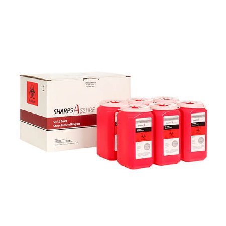 Sharps Assure - Mailback Sharps Container 3-3/4 L X 3-3/4 W X 7 H Inch 1.5 Quart Red Base / Translucent White Lid Vertical Entry - SA1Q6