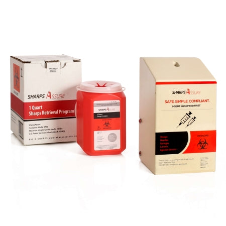 Sharps Assure - Mailback Sharps Container Intro Kit 3-3/4 L X 3-3/4 W X 5.6 H Inch 1 Quart Red Base / Translucent Lid Vertical Entry Snap On Lid - Post Medical - SAQI