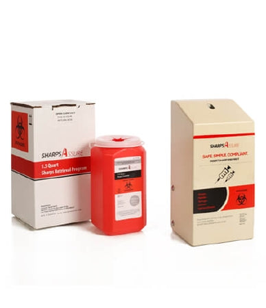 Sharps Assure - Mailback Sharps Container Intro Kit 3-3/4 L X 3-3/4 W X 7 H Inch 1 Quart Red Base / Translucent White Lid Vertical Entry - Post Medical - SA1QI