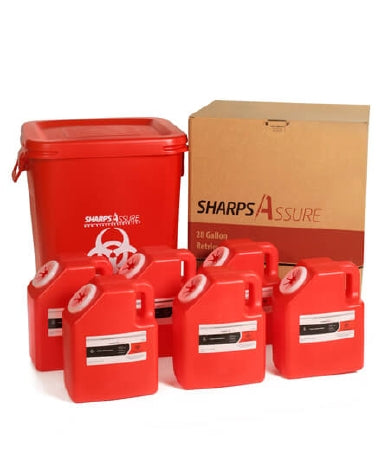Sharps Assure - Mailback Sharps Container 18.9 L X 18.9 W X 22.9 H Inch / 9 L X 5.5 W X 11.4 H Inch 2 Gallon Red Base / Translucent White Lid Horizontal / Vertical Entry Hinged Snap On Lid - Post Medical - SA28GU-2G