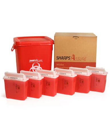 Sharps Assure - Mailback Sharps Container 18.9 L X 18.9 W X 22.9 H Inch / 12.25 L X 4-3/4 W X 10.5 H Inch 5.4 Quart Translucent Red Base / Translucent Red Lid Horizontal / Vertical Entry Counter Balanced Door Lid - SA28GU-5Q
