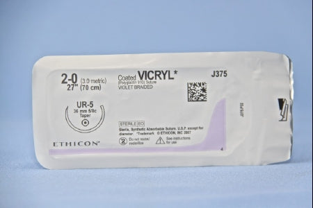 J & J Healthcare Systems Coated Vicryl Suture with Needle Absorbable Coated Violet Suture Braided Polyglactin 910 Size 2-0 27 Inch Suture 1-Needle 36.4 mm Length 5/8 Circle Taper Point Needle - J375H