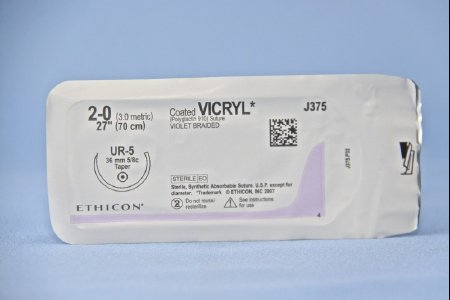 Coated Vicryl - Suture with Needle Absorbable Coated Violet Suture Braided Polyglactin 910 Size 2 - 0 27 Inch Suture 1-Needle 36.4 mm Length 5/8 Circle Taper Point Needle - J375H