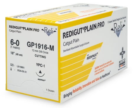 Reli - Suture with Needle Absorbable Uncoated Natural Suture Plain Gut Size 6 - 0 18 Inch Suture 1-Needle 13 mm Length 3/8 Circle Reverse Cutting Needle - GP1916-M