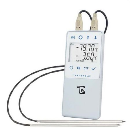 TraceableLIVE - Ultra-Low Temperature Data Logger with Alarm Fahrenheit / Celsius -130° to +221°F (-90° to +105°C) 2 Stainless Steel Probes Multiple Mounting Options Battery Operated - 18000-28