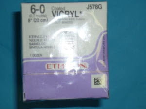 J & J Healthcare Systems Coated Vicryl Suture with Needle Absorbable Coated Violet Suture Braided Polyglactin 910 Size 6-0 8 Inch Suture Double-Armed 8 mm Length 1/4 Circle Spatula Needle - J578G