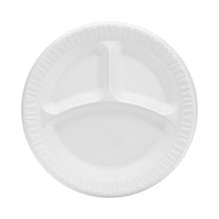 Rj Schinner Co Compartment Plate Dart Quiet Classic White Disposable Laminated Foam 9 Inch Diameter - 9CPWQR / 9CPWQ
